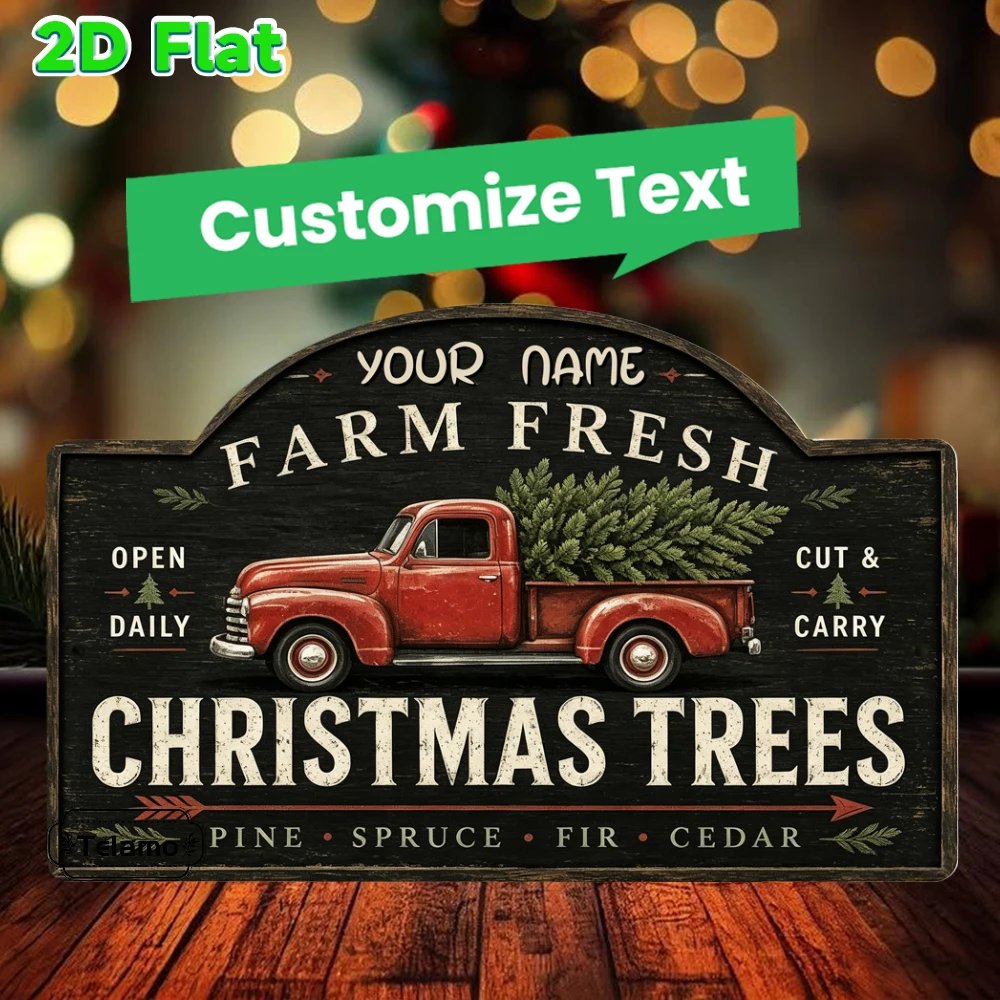 Custom Text Arched Metal Sign, Vintage Red Pickup Truck Loaded Christmas Tree Pattern, Christmas Wall Decor, Mantel Living Room