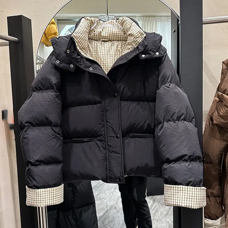 Winter New Women's Down Jacket Commuter Splicing Checkered Hoodie Jacket