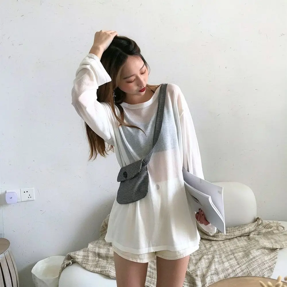 Women Fashion Long Sleeve Ribbed Shirt Loose Casual Top Ice Silk Breathable Sun Protection Tee Soft Basic Summer Blouse