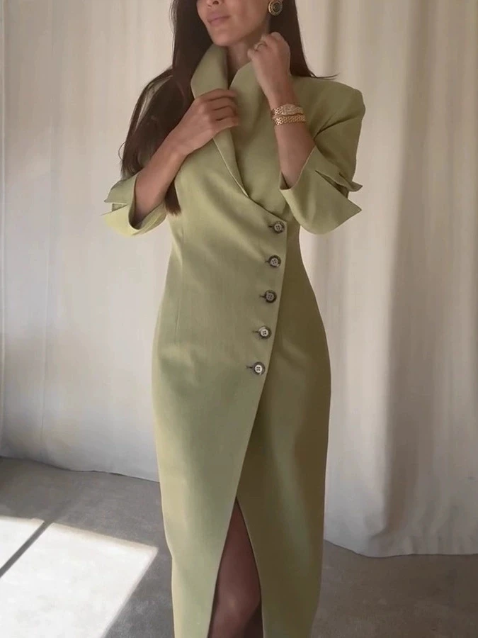 البدلة نمط فساتين ضئيلة النساء مزاجه المائل مشبك ثلاثة أرباع كم حزمة الورك شق فستان سيدة التنقل Vestidos