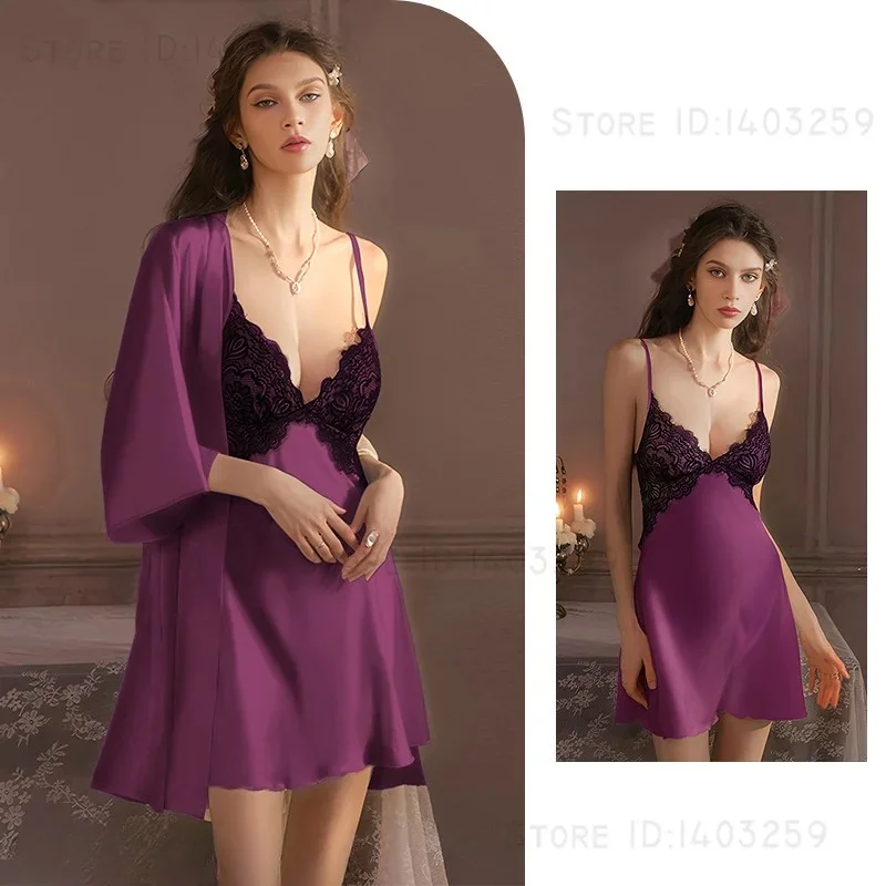 2pcs summer Sexy French Lace Sleepwear Set Adjustable Straps Built in Pads Silk Nightgown Slimming Backless Design Home Dress