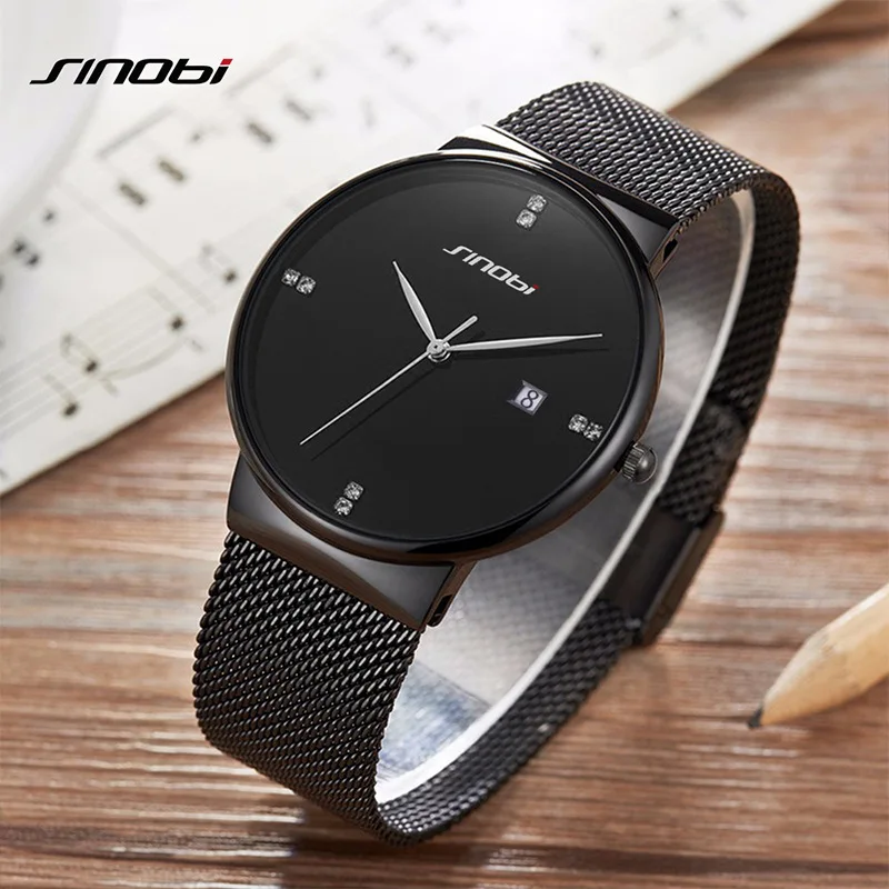 SINOBI Luxury Men's Wrist watches Mesh Stainless Steel Watchband Crystal Male Clock Watch Calendar Relogio Masculino Drop Ship