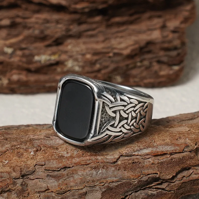 Keltischer Geflochtener Schwarzer Achat Herrenring, 316L Edelstahl Vintage Gotischer Schmuck – Detail 4