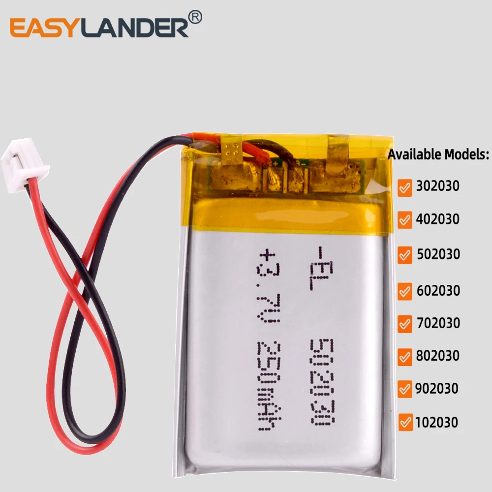 JST1.25mm 2pin 3.7 V 502030 250mAh Lithium Li-ion Polymer Battery 302030 402030 602030 702030 802030 902030 102030
