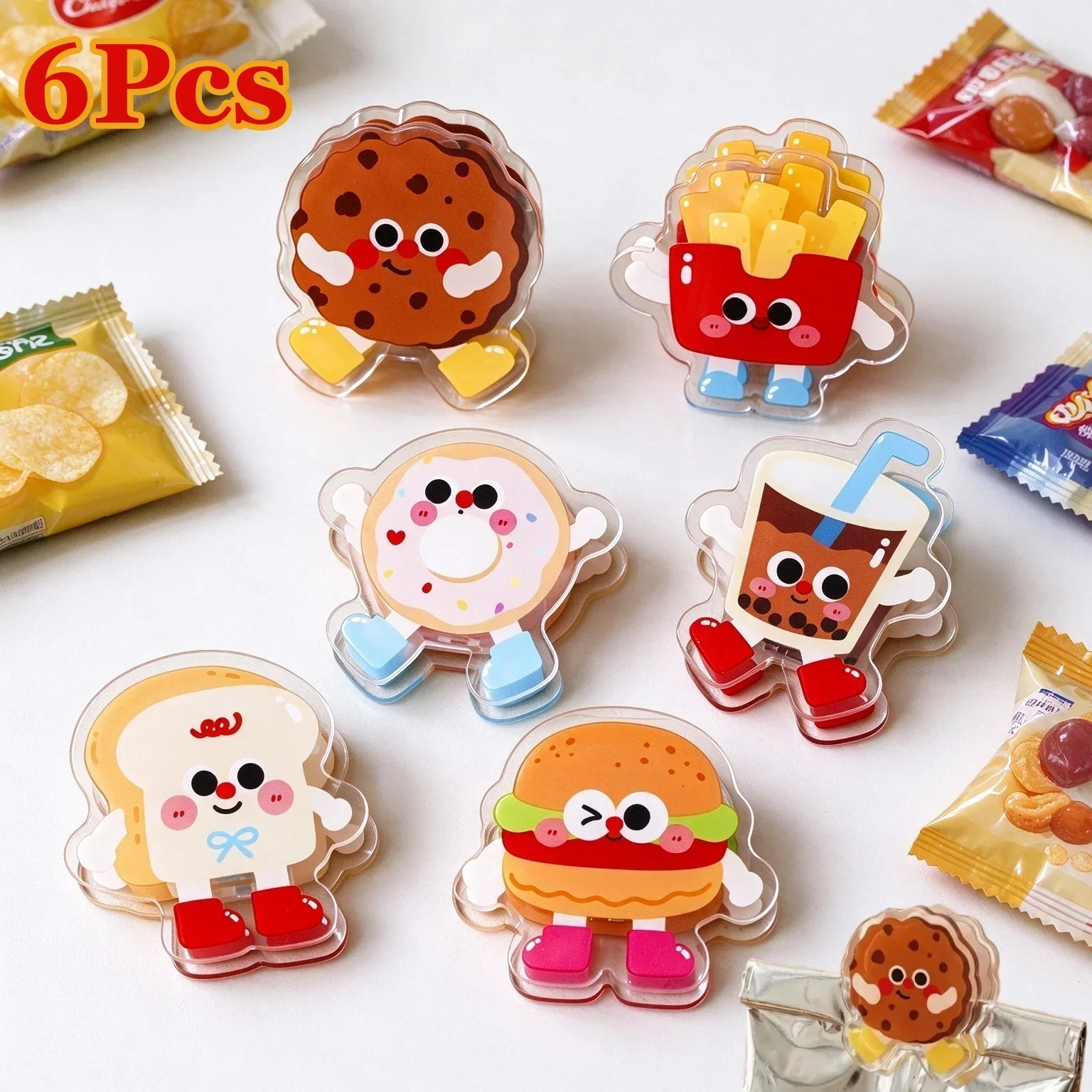 6Pcs Cute Fast Food Bag Clips, Cartoon Acrylic Sealing Clips, Hamburger Milk Tea Cookie Donut Toast Fries Food Sealer Clips