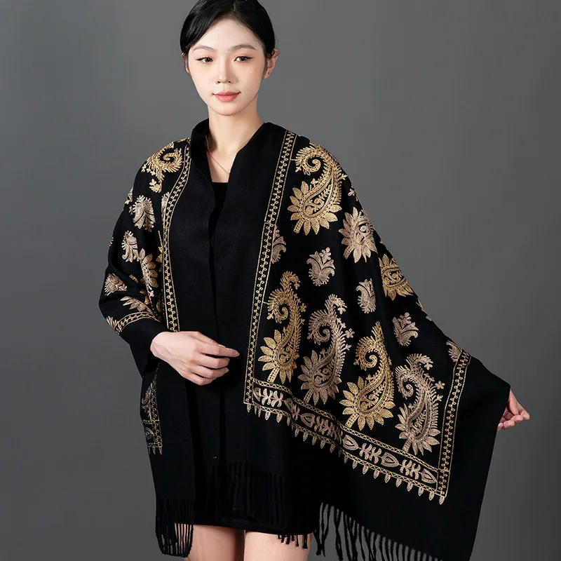 Pashmina de Cachemira bordada para mujer, Bufanda gruesa y cálida de Cachemira, chal con borlas, manta, envolturas Mejur, Invierno