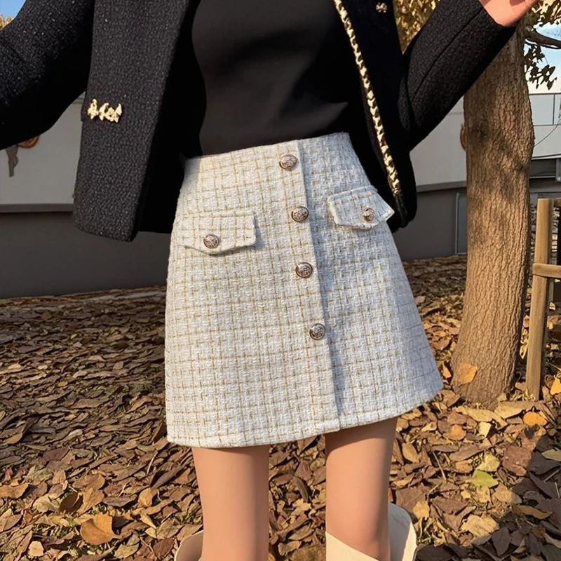 秋冬チェック柄ウールスカート レディースファッション ハイウエストポケット シングルブレスト Aライン 仕事 パーティー ショートミニスカート