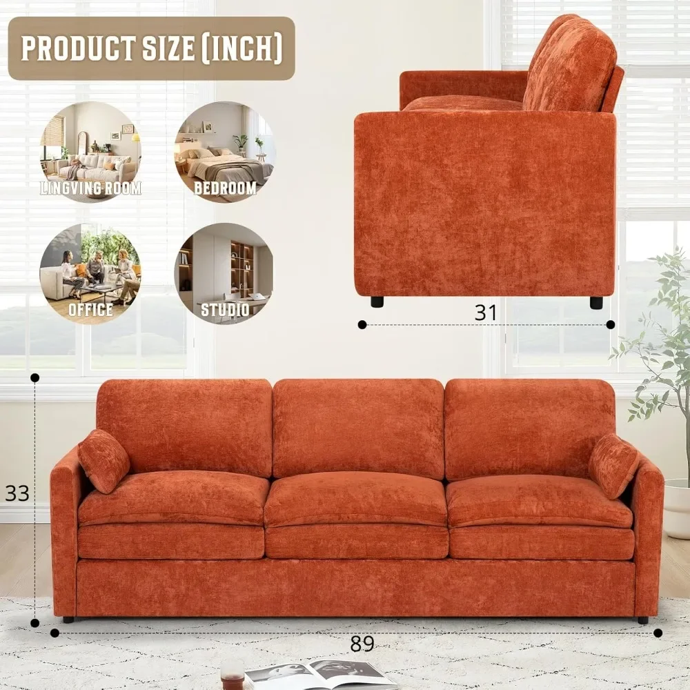 Sofa 3 Dudukan Chenille 89" dengan 2 Bantal, Sofa Berlapis Modern dengan Kursi Lebih Dalam, Sofa Nyaman dengan Bantal Tebal