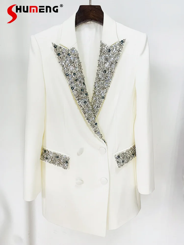 

2024 Fashion New Suit Jacket Handmade Gorgeous Beaded Diamond Slim Fit Suit Jacket Feminine Long Sleeve Solid Color Chic Blazers