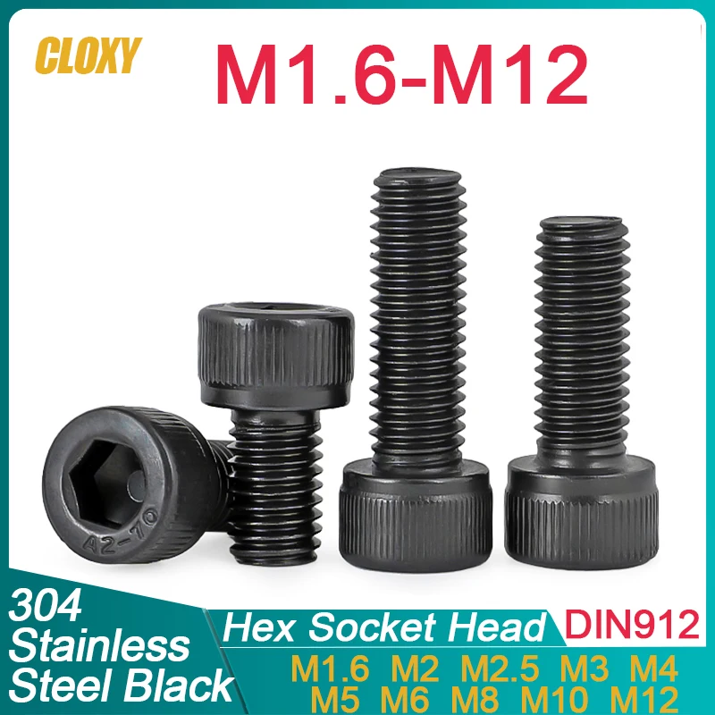 2~50pcs M1.6 M2 M2.5 M3 M4 M5 M6 M8 M10 M12 Black Galvanized 304 Stainless Steel Hexagon Hex Socket Head Cap Bolt Screw DIN912