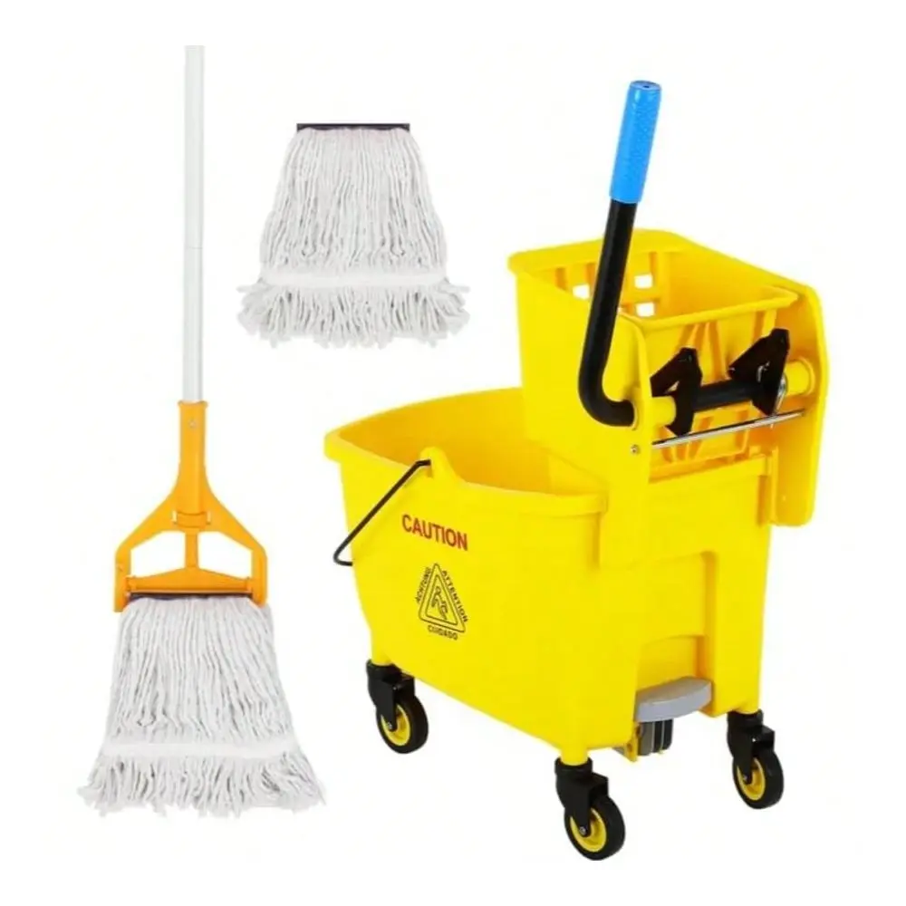 Pedal Mop Bucket, Commercial Mop Bucket With Drain, 35 Quarts, Yellow. Includes One Commercial Mop And An Extra Mop Cloth For E