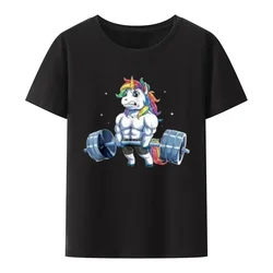 Unisex New Fashion Tops Casual Streetwear Unicorn Weightlifting TShirt Fitness Gym Deadlift Rainbow Us Men Trend Cartoon Tee