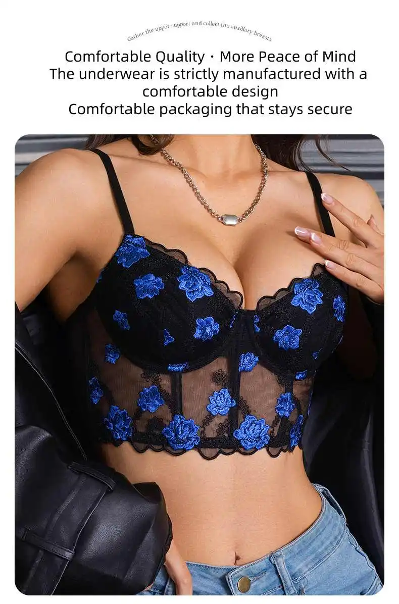 

New Arrival Rose Lace Embroidered Sexy Bra Set - Sheer Mesh See-Through Camisole with 3-Hook Adjustable Corset