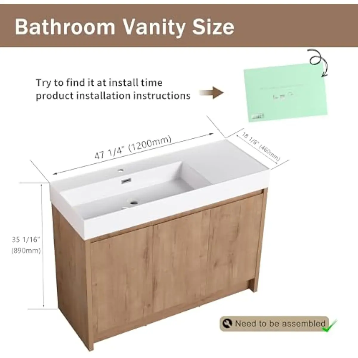 48 Inch Freestanding Bathroom Vanity Unit with Integrated Resin Sink Top Adjustable Interior Shelves Scratch Resistant Melamine