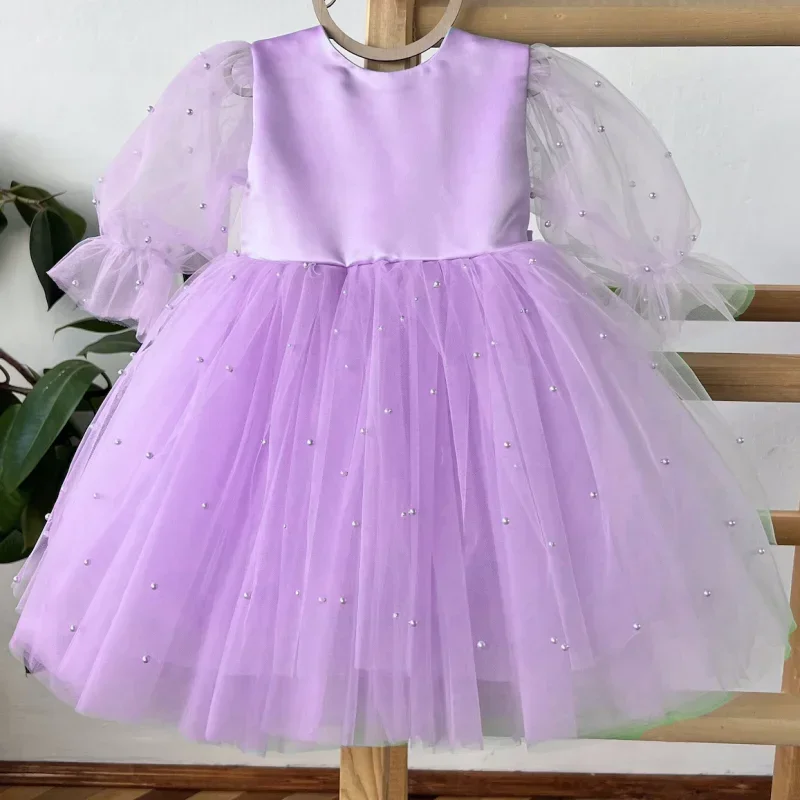 Birthday Party Holy Communion Gowns Flower Girl Dresses Blue Tulle Puffy Pearls With Bow Long Sleeve For Wedding