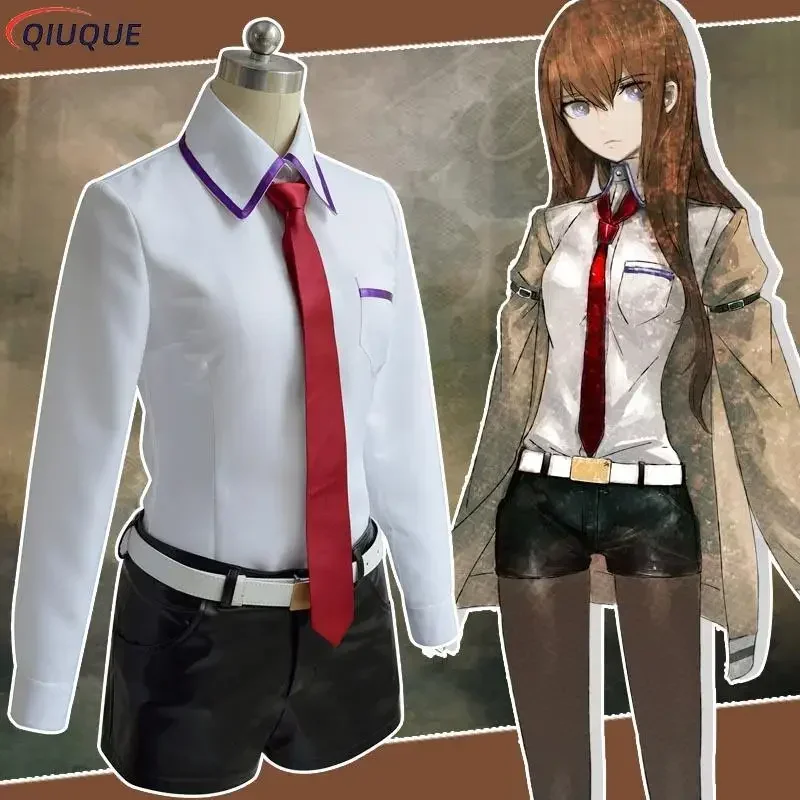Disfraz de Cosplay de Steins Gate, juego de Anime japonés, uniformes Kurisu Makise, conjunto completo de abrigo, camisa, corbata, falda, hecho a medida U
