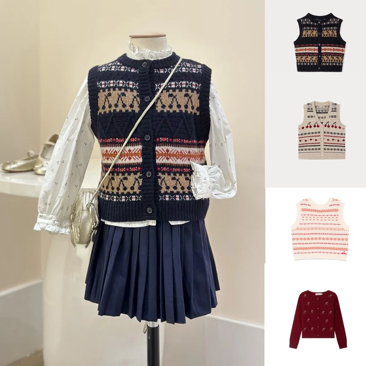 Mother Kids 2026 New Spring Summer Baby Girls Cherry Knitted Vest Cardigan Children's Costumes Sweaters Top and Bottoms Clothing
