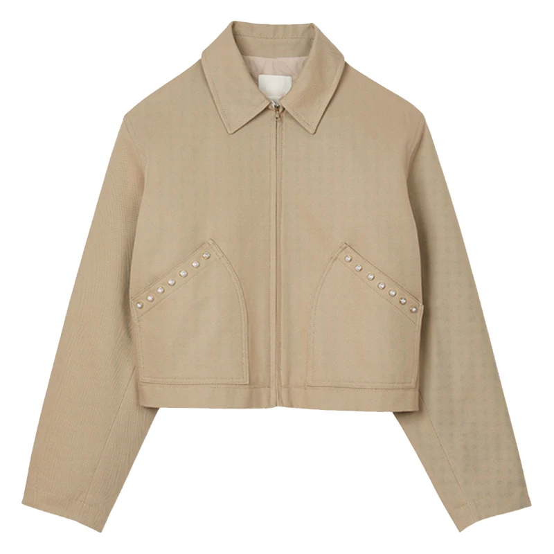 다이아몬드 디자인의 패셔너블한 면 재킷, 초봄 신상 여성복, 스트레이트 컷 롱 슬리브 지퍼 클로...