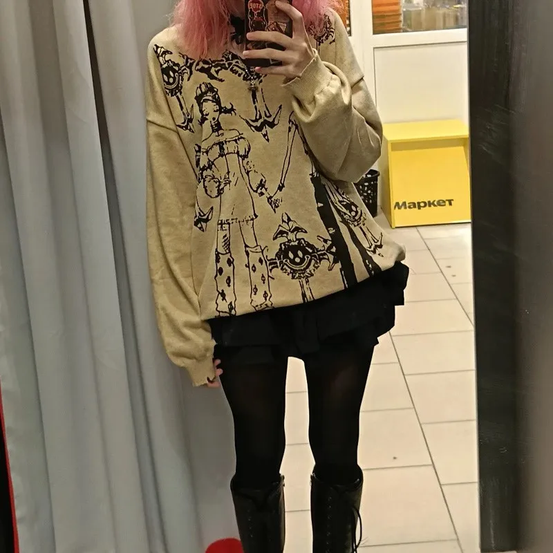 

Американский уличный тренд Y2K, пуловер с круглым вырезом, женский осенне-зимний вязаный свитер цвета хаки Maillard в стиле ретро, панк, унисекс