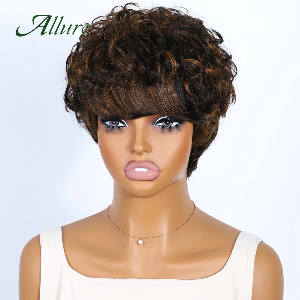 Dark Brown Colored Hair Pixie Cut Curly Wigs Brazilian Human Hair Wigs For Black Women Glueless Remy Hair Wig With Bangs Allure