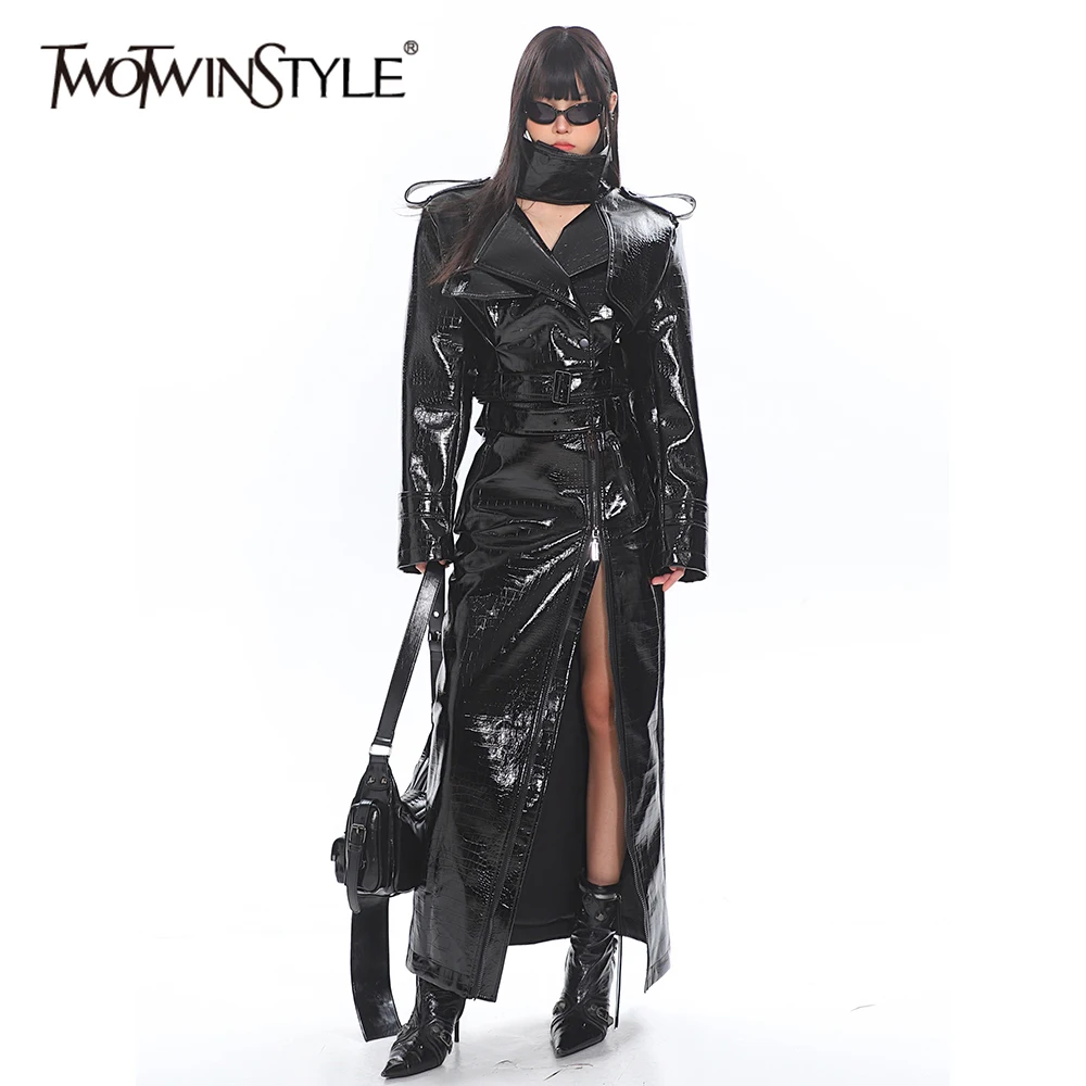 TWOTWINSTYLE Solid Slimming High Street Two Piece Set For Women Lapel Long Sleeve Jacket Spliced Zipper Skirts Female Fashion