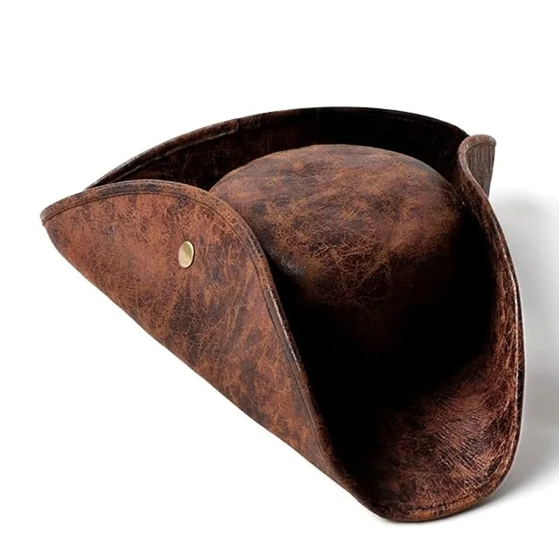 Kunstleder Piratenhut Vintage Falten Distressed Tricorn Piratenhut für Damen Herren Halloween Kostüm Cosplay Zubehör