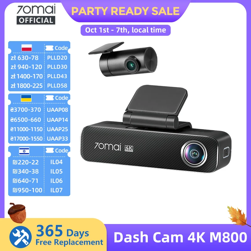 70mai Dash Cam 4K M800 2160P EMMC con 128GB integrati, GPS, supporto ADAS, monitoraggio parcheggio 24H, compatibile 4G, versione aggiornata 70mai M500