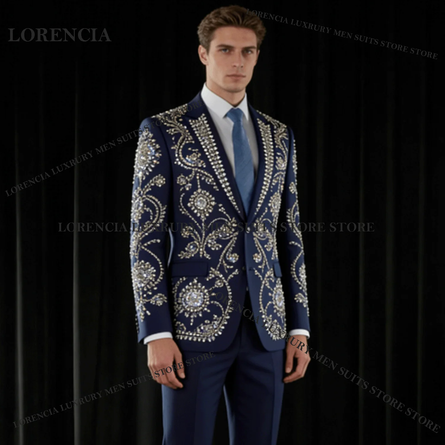 

Customized Beading Sequins For Men Suit Fashion Gem Crystal 2 Pieces Groom Male Blazers Ropa hombre Sparkly Slim Wedding Tuxedos