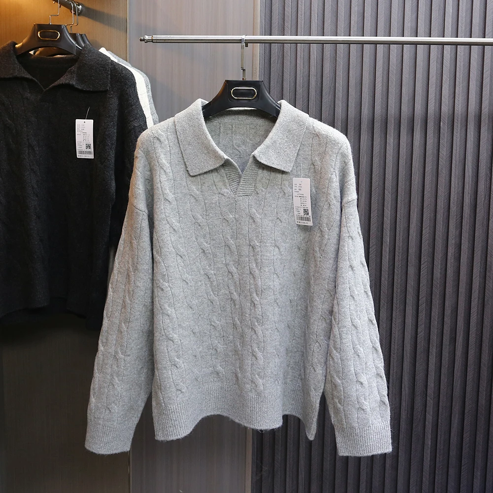 

Новый мужской свитер на осень-зиму 2025: ретро-стиль, вязаный, с длинным рукавом, повседневный, из смесовой шерсти, с узором косы, с воротником