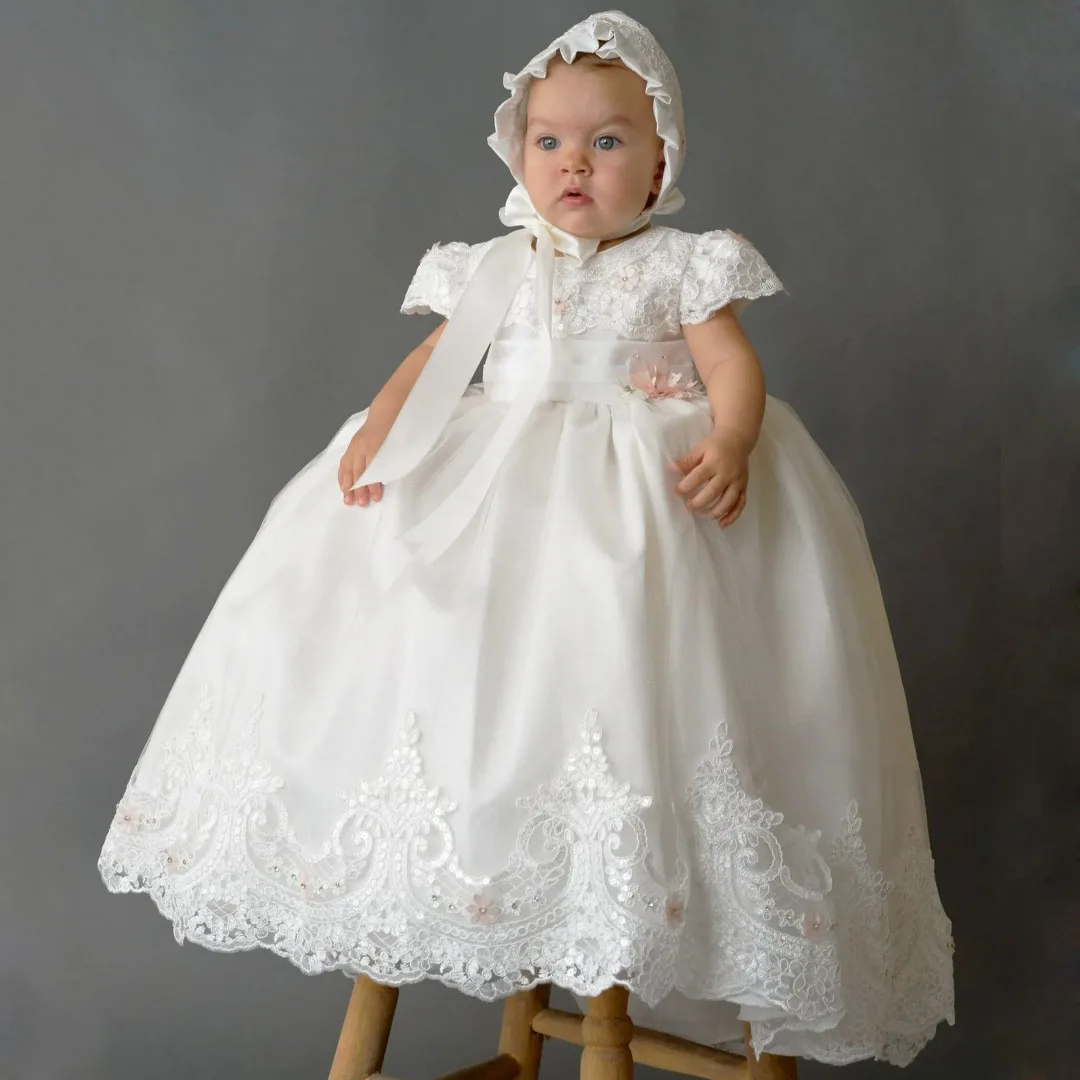 

Customized Baby Girl Dress White Lace Flowers Appliques Bow Ribbon For Wedding Birthday Baptism Newborn Holy Communion Gown