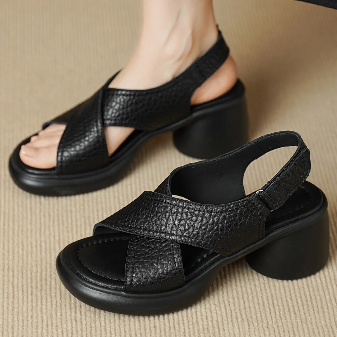 

Women's sheepskin narrow band cross strap open toe slingback summer sandals 7cm chunky heel platform casual female heels pumps