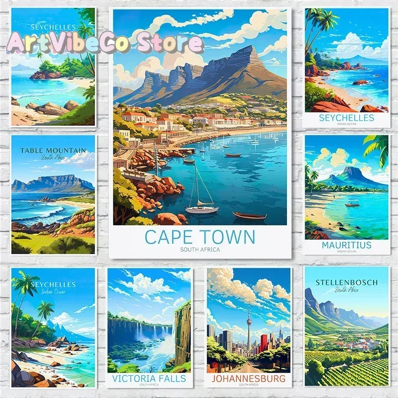 Africa Travel Scenery Poster Seychelles Victoria Falls Table Mountain Canvas Painting Photo Wall Art Picture Office Home Deco