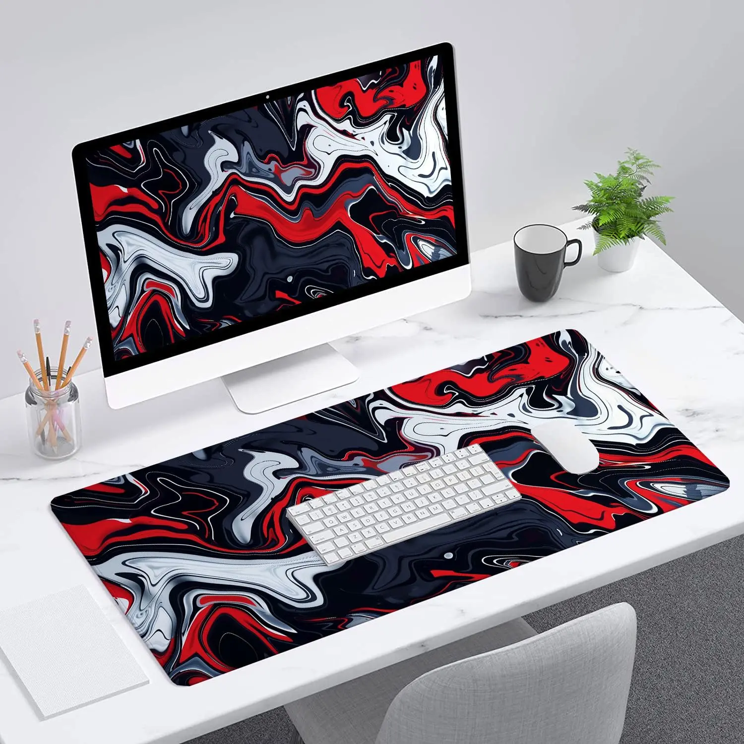 Red Marble Pattern Gaming Mouse Pad, Abstract Black and White Mouse Pads, Laptop Keyboard Mats, Desk Mat, Office Home Decor