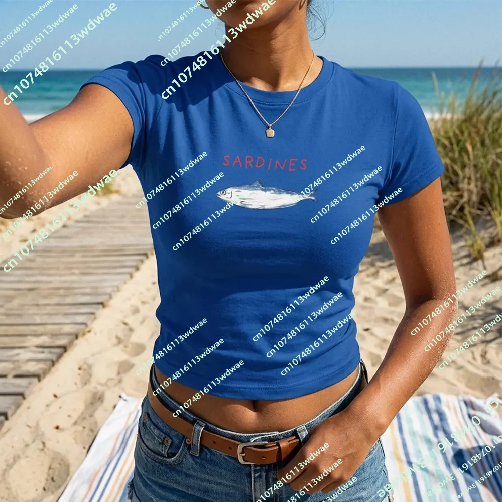 Sardine Summer Y2K Baby Tee Women's Mediterranean TShirt Crop Top Ocean Lover Gif Vintage Fashion Casual Vacation Girls Crop Top