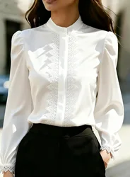 2026 Summer Women's Blouses and Shirts Short Sleeve Lace Trim Blouse Puff Sleeve Ruffle Hem Button Down Tops Blusas De Mujer