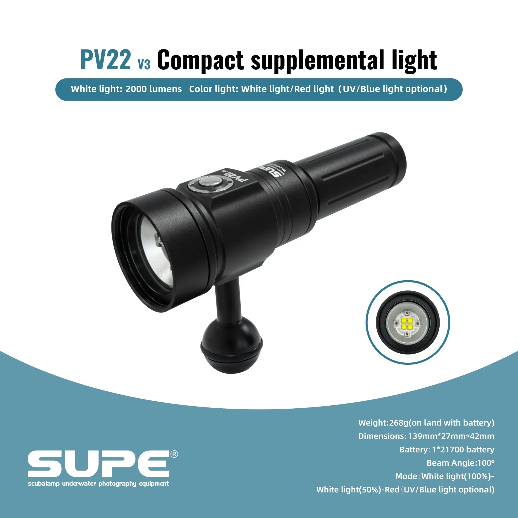 

SUPE Pv22v3 Recreational Diving Light Led 2000 Lumens 100m Waterproof Depth Underwater Photography Lamp Diving Equipment