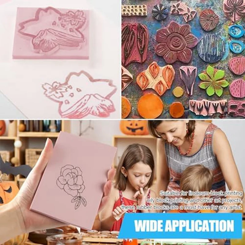 4-Piece 15 X 10Cm Pink Rubber Engraved Linoleum Block Stamp Making Kit For Print Production Durable