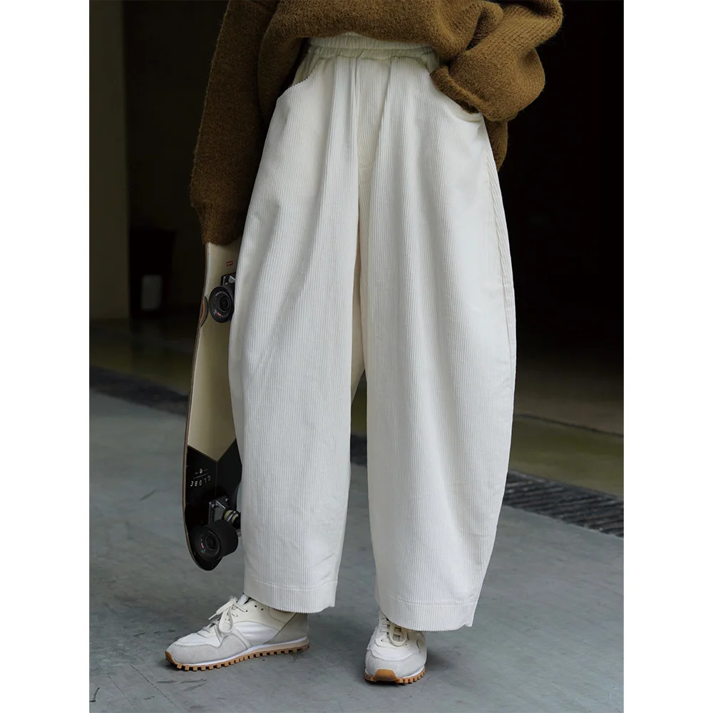 UMI MAO Autumn Winter New Japanese Slouchy Arc Corduroy Casual Pants Wide Leg Elastic Waist Relaxed Slim Comfortable Panty Girl