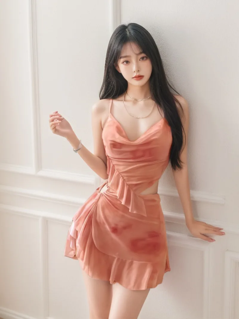 

sexy orange tie dye print ruffles mini skirt bikini sets 3pcs sleeveless vest with irregular mini skirt cute sweet swimsuits