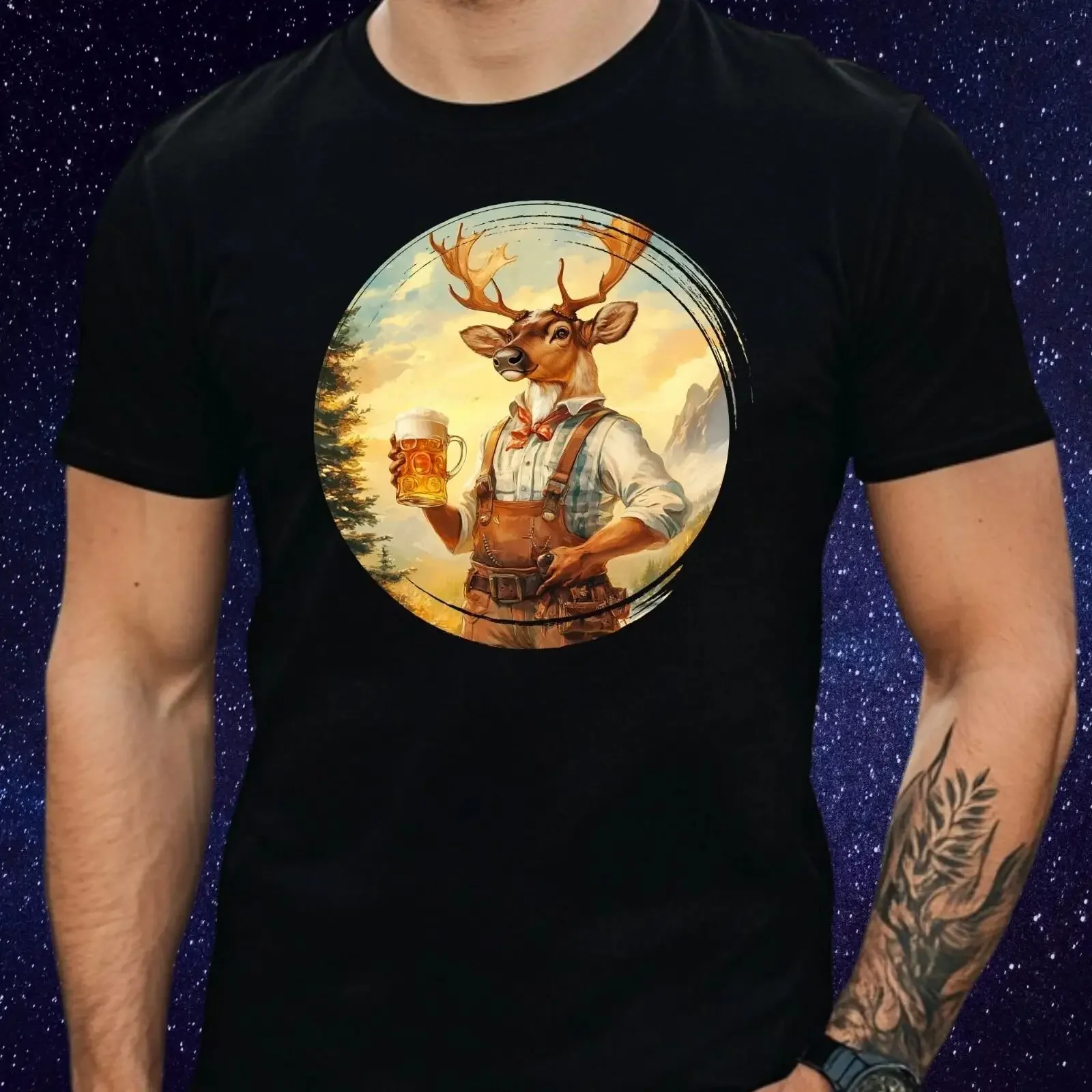 T-shirt homme en coton avec motif renne et bière, style Lederhosen, taille XS à 5XL, vintage, délavé, graphique streetwear, légèrement doux