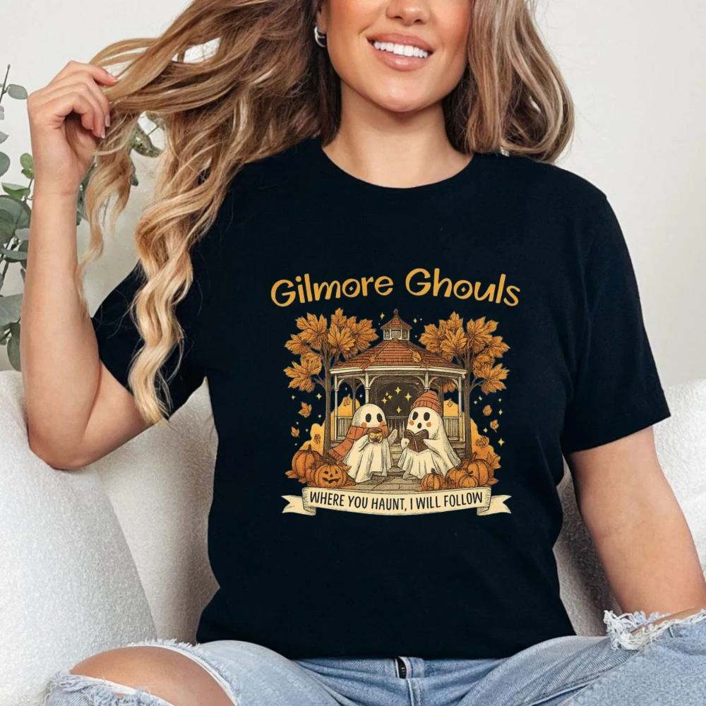 Cartoon Ghost Halloween Crew Neck T Shirt Funny Boo Autumn Leaves Tees Gilmore Ghouls Where You Haunt I Will Follow Graphic Tops