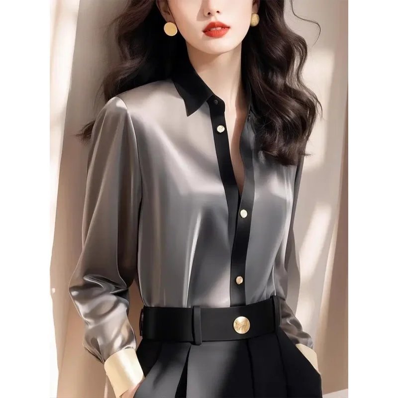 Chemise française à manches longues en Satin pour femmes, à la mode et polyvalente, Cardigan à boutons polyvalent, printemps et été