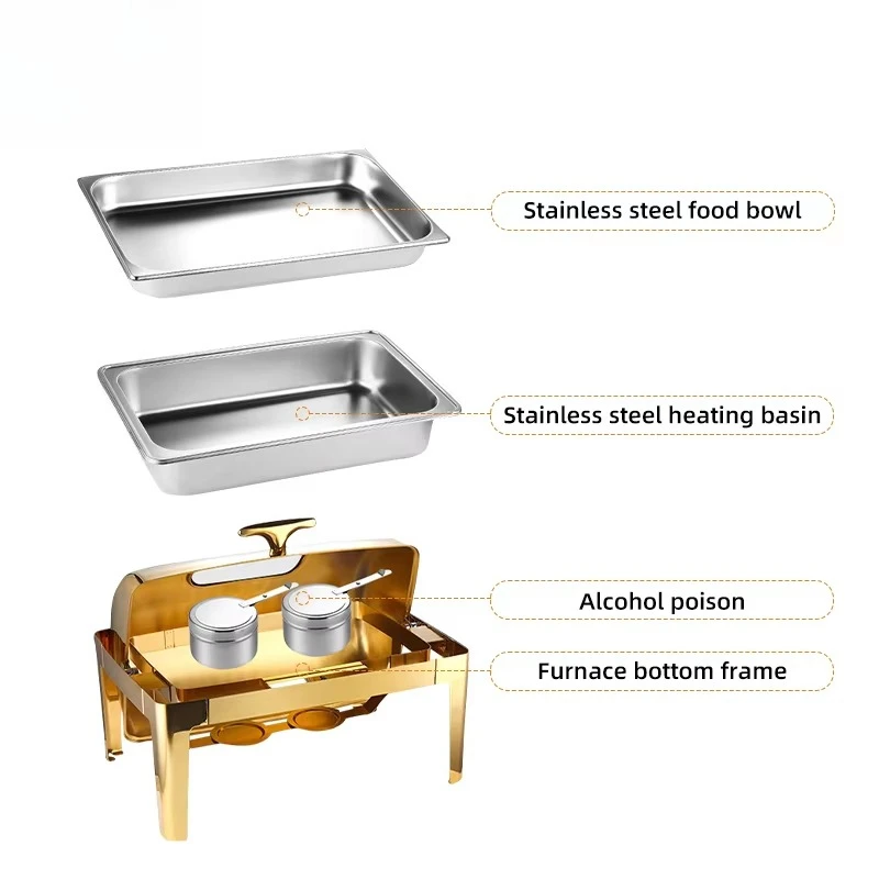 Deluxe 9L stainless steel roll top self-service food warmer rectangular hot pot restaurant silver hot pot
