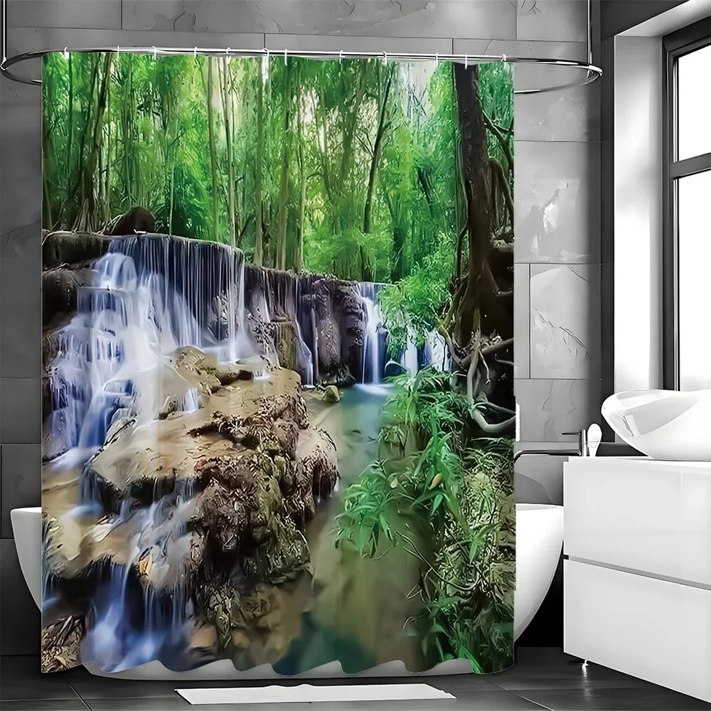 Nature Shower Curtain Tropical Forest Waterfall Scenery Greenery Landscape Spring Outdoor Scenery Shower Curtain, Bathroom Decor