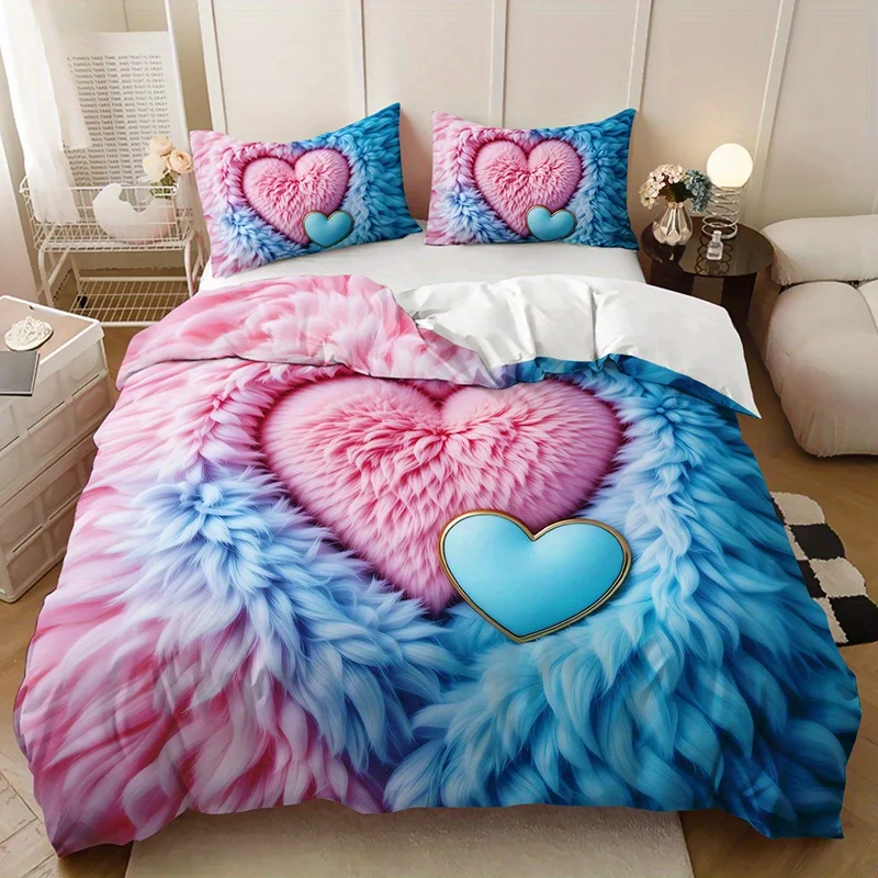 

Pink And Blue Feather Heart Duvet Cover Set Romantic High-Definition Print Soft Comfortable Couples Bedding