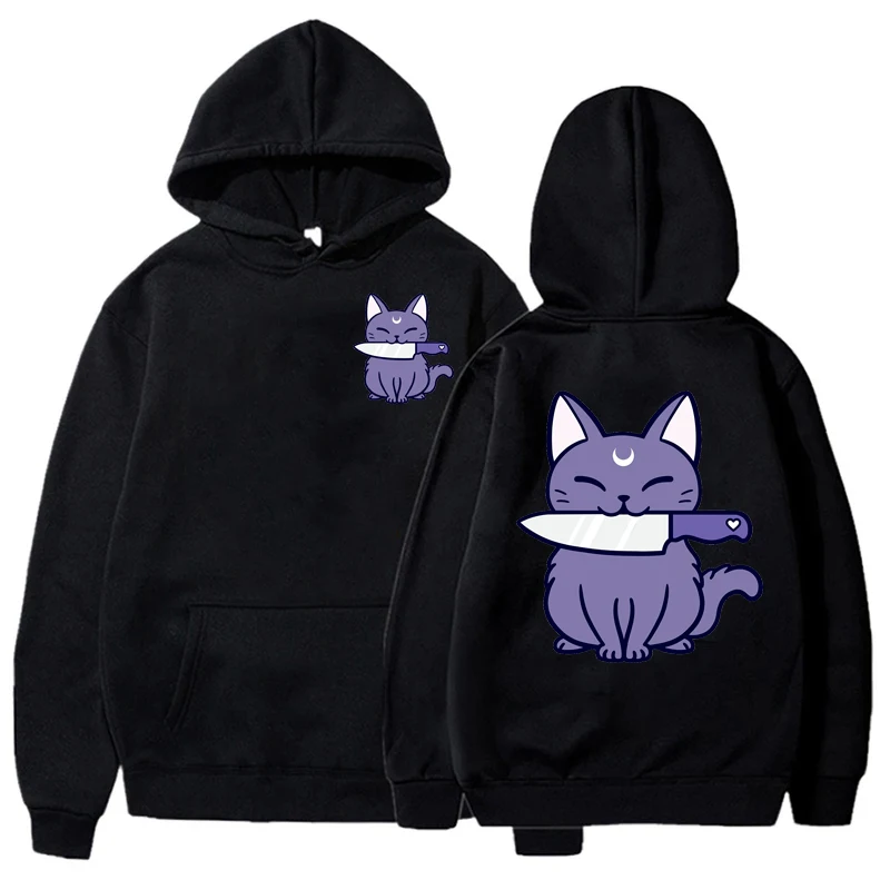 Women's Fleece Hoodies Running Sports Sweatshirts Black Knife Kitten Fashion Women Classic Casual Y2k Coats Hip Hop Streetwear