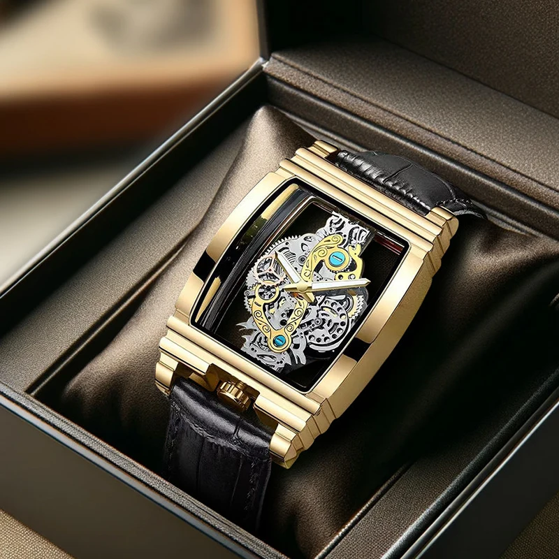 

Мужские изысканные кварцевые часы в винтажном стиле со скелетом в римском стиле, элитный циферблат в форме бочонка, черные кварцевые часы из искусственной кожи