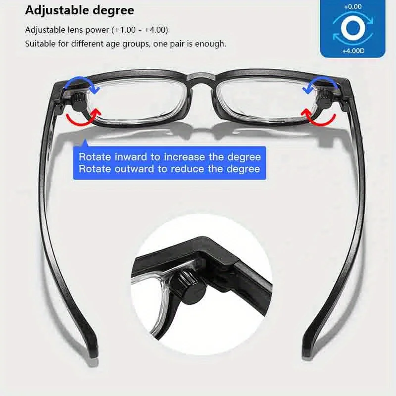 TR Adjustable Reading Glasses Each Lens Can Be Adjusted 1.0 To 4.0 Comfortable Ergonomic Design Adjustable Focal Length