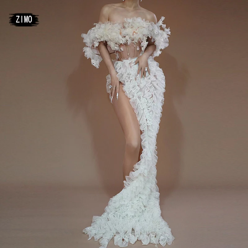 

two-piece dress white flower sexy lace Top and skirt sequins party birthday outfits for women stage wedding drag queen costumes