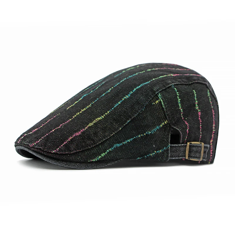 Full-color Striped Double-Sided Adjustable Buckle Denim Front Hat. Trendy Y2K Street Style. Suitable for Daily Wear and Versatil